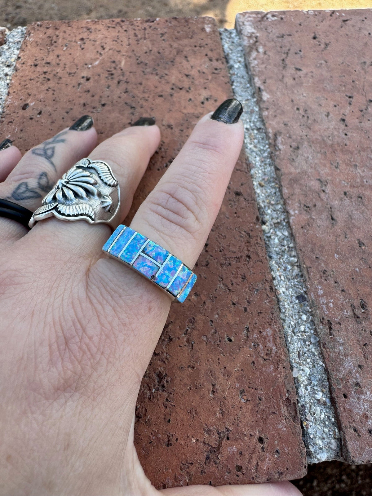 Handcrafted Sterling Silver & Blue Fire Opal Inlay Band Ring