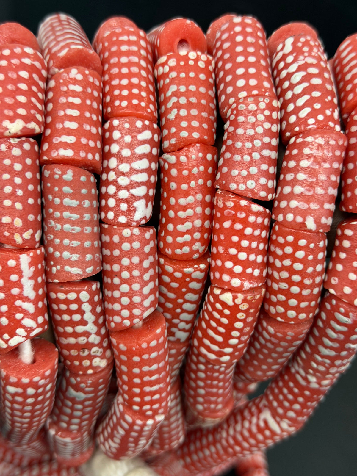 Painted Krobo Glass Beads | Red & White Polka Dot Long Tube Beads | Handcrafted Ghana Recycled Glass Beads