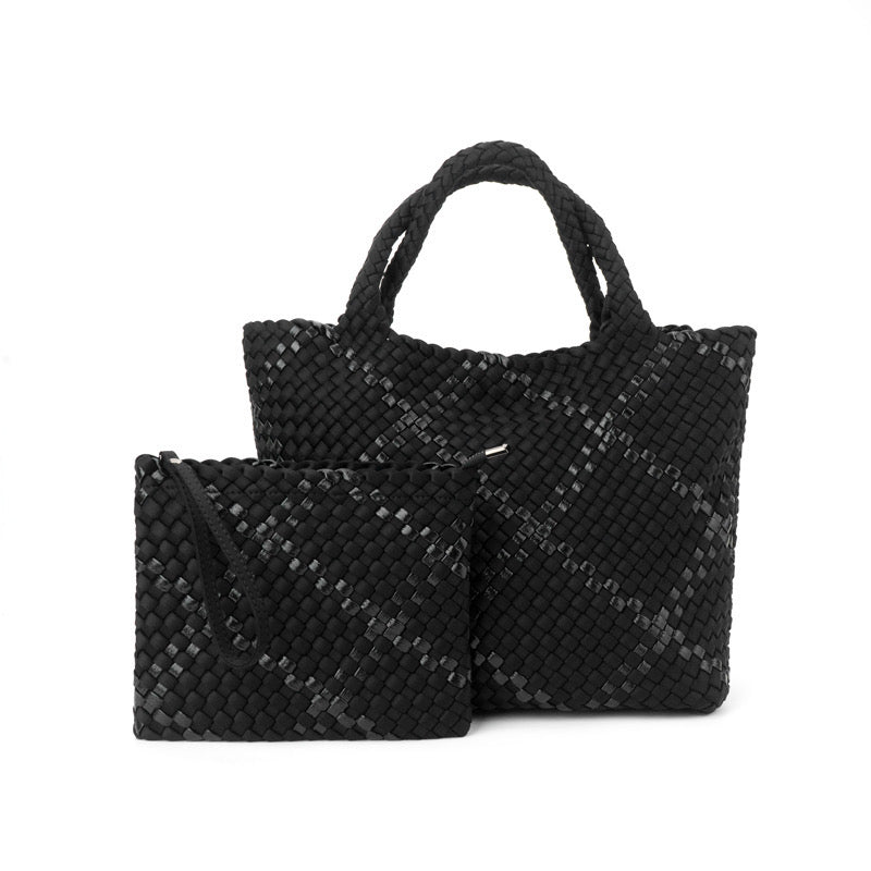 The Charli | Large Woven Neoprene Tote with Wristlet | Onyx with Glittered Stripe