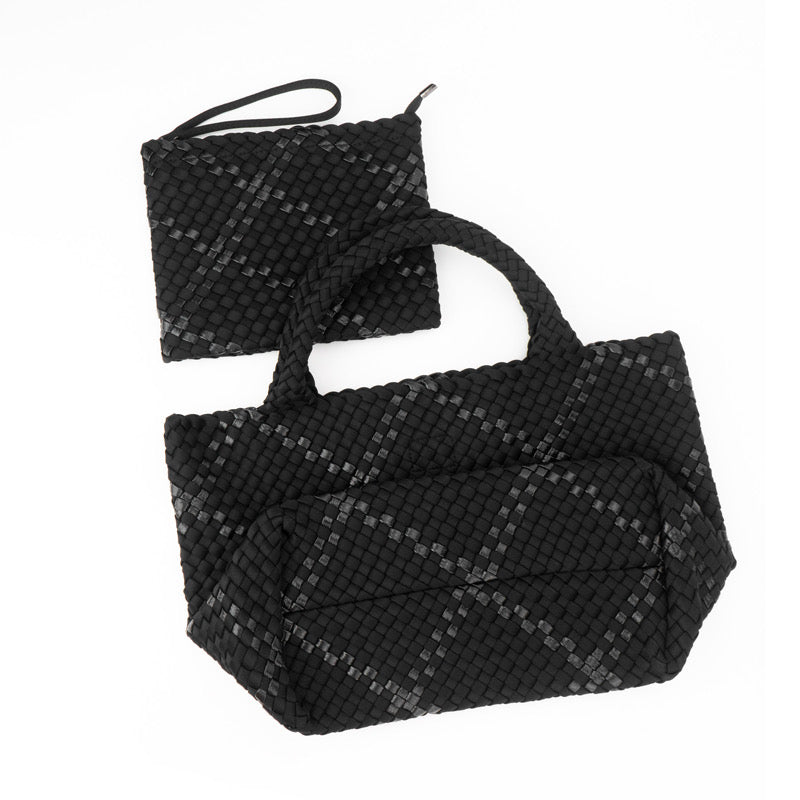 The Charli | Large Woven Neoprene Tote with Wristlet | Onyx with Glittered Stripe