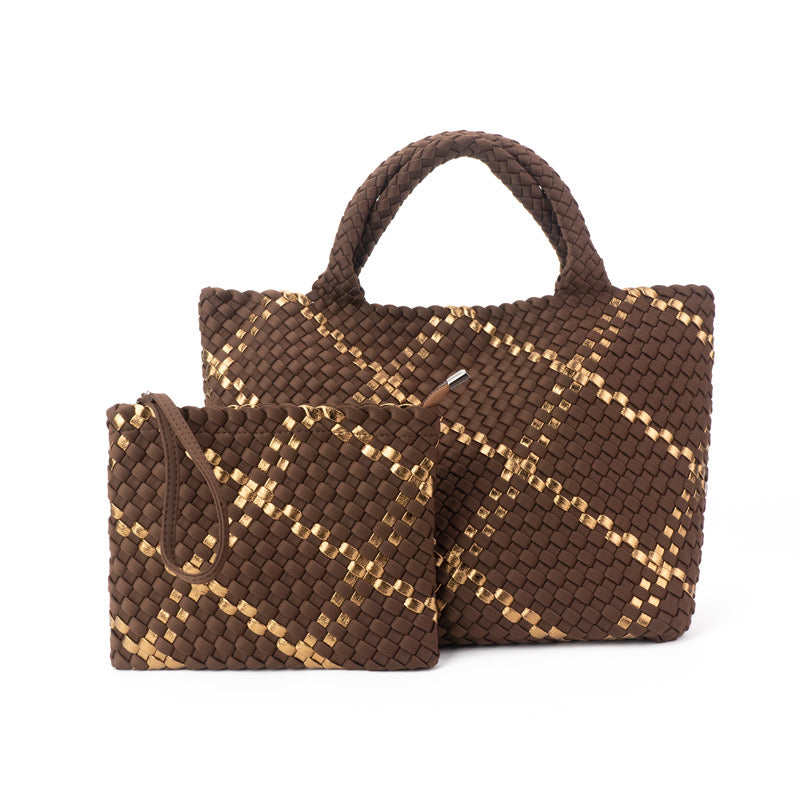 The Charli | Large Woven Neoprene Tote with Wristlet | Cocoa with Gold Stripe