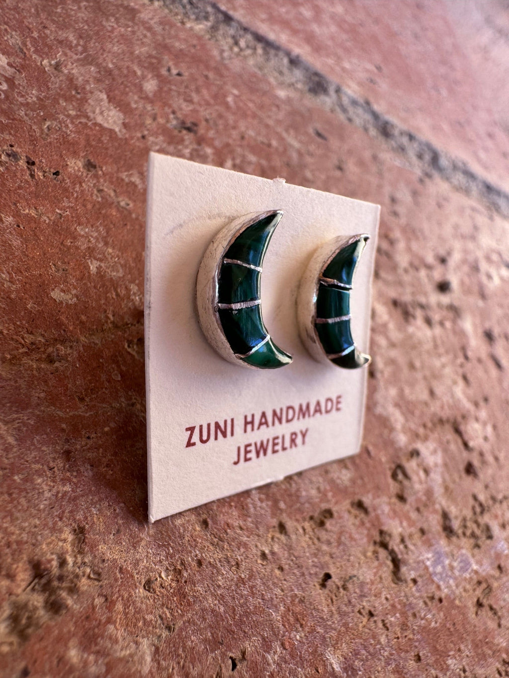 Handcrafted Sterling Silver & Malachite Inlay Moon Stud Earrings