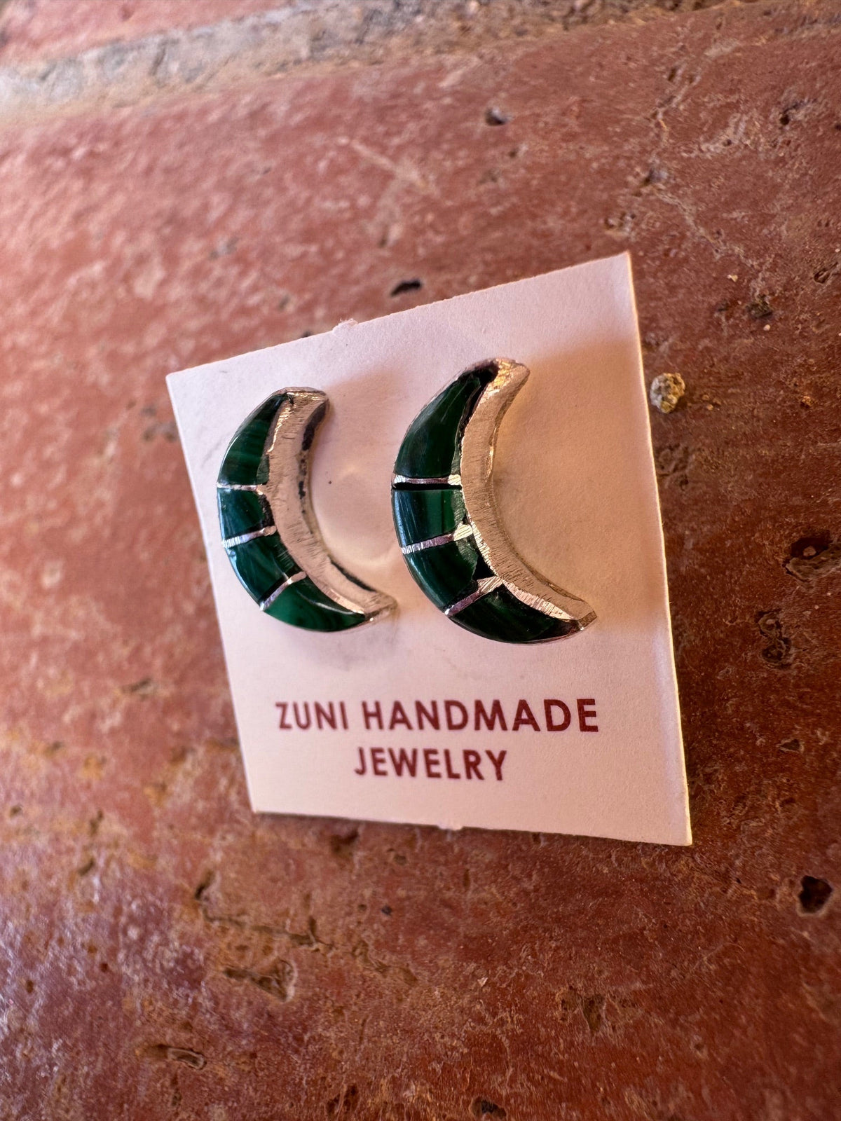 Handcrafted Sterling Silver & Malachite Inlay Moon Stud Earrings