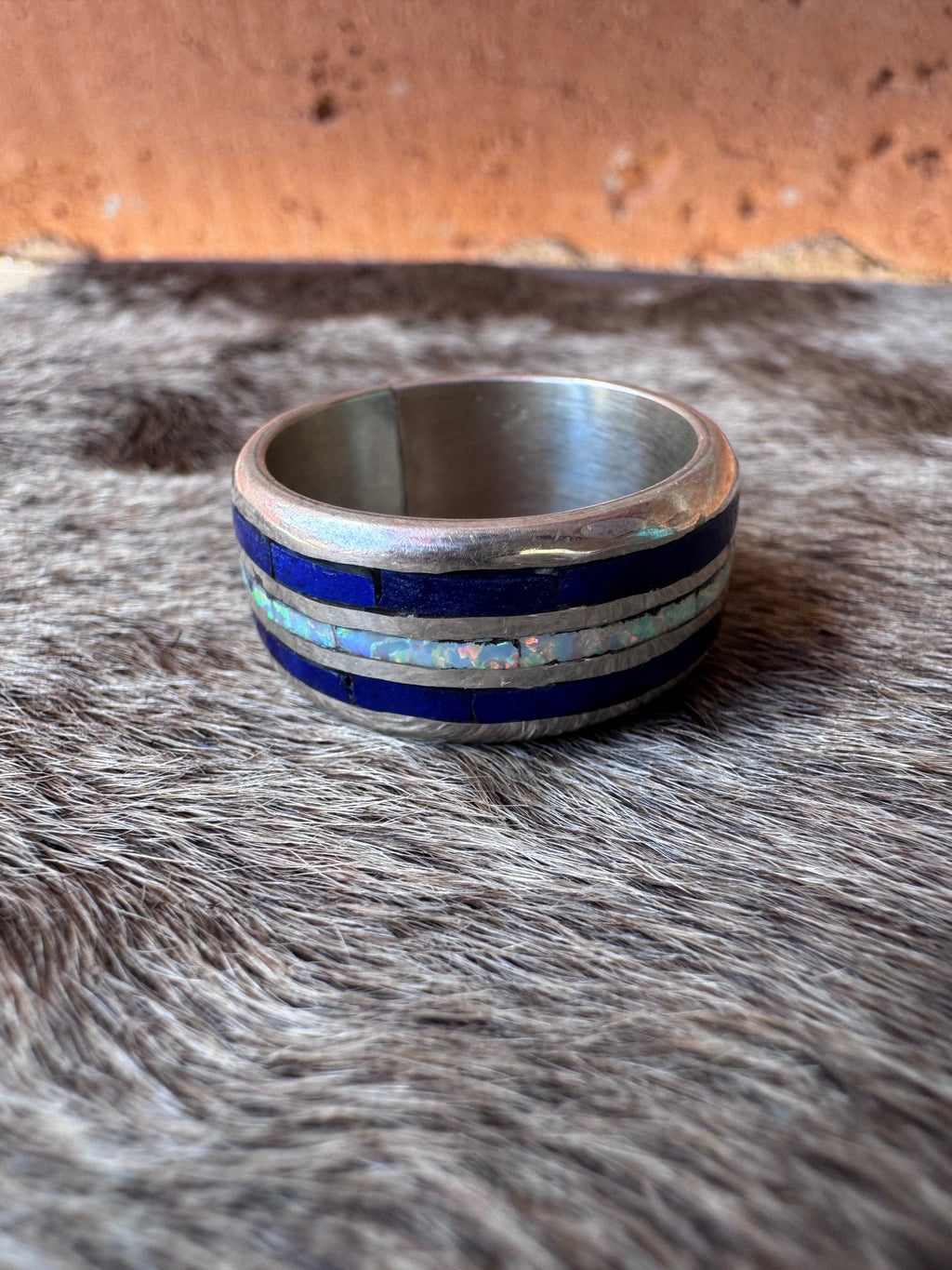 Handcrafted Sterling Silver, Lapis & White Fire Opal Inlay Band Ring Size 9.5