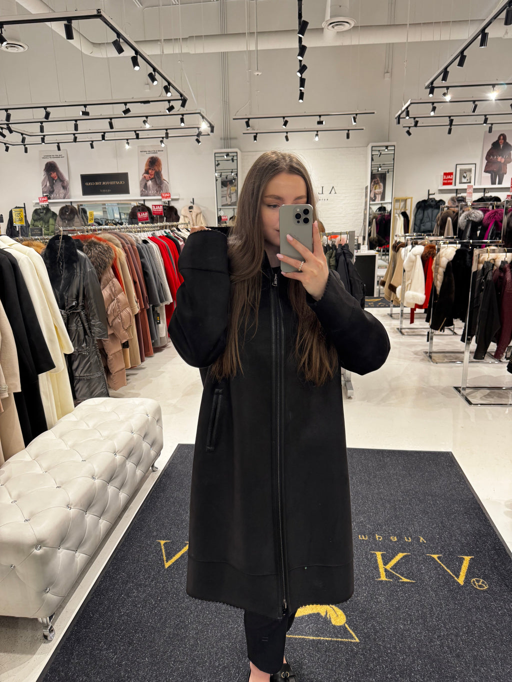 Rei Reversible Faux Fur & Suede Coat in Black/Black