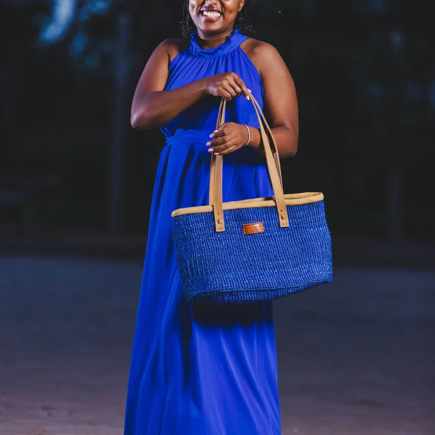 Nourishment Rectangular Handmade Laptop Work Sisal Straw Blue Basket Tote Handbag