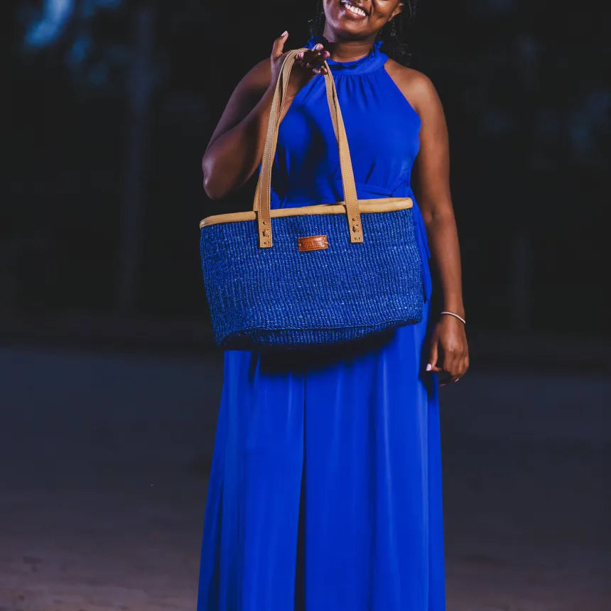 Nourishment Rectangular Handmade Laptop Work Sisal Straw Blue Basket Tote Handbag