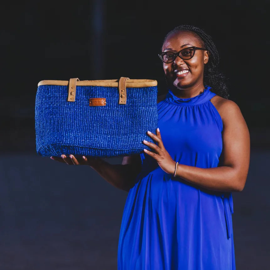 Nourishment Rectangular Handmade Laptop Work Sisal Straw Blue Basket Tote Handbag