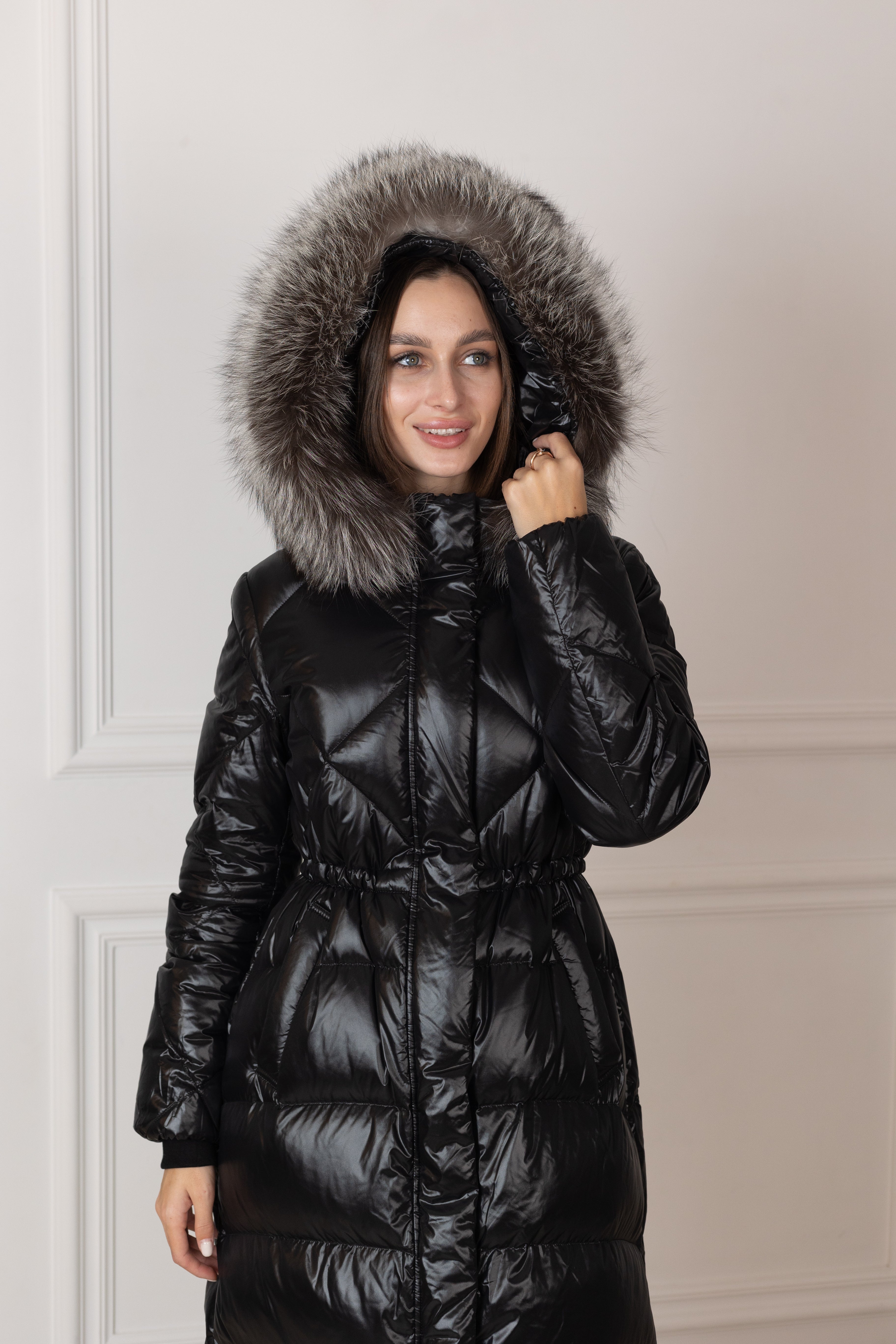 Genuine Silver Fox Fur Trim Down Fill Coat