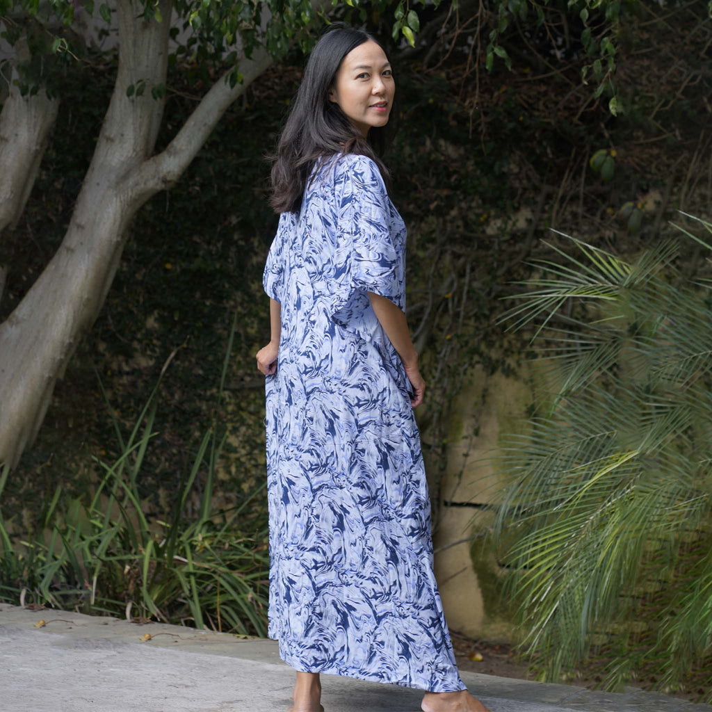 Kaftan Dress Rayon Blue Marble Lightweight