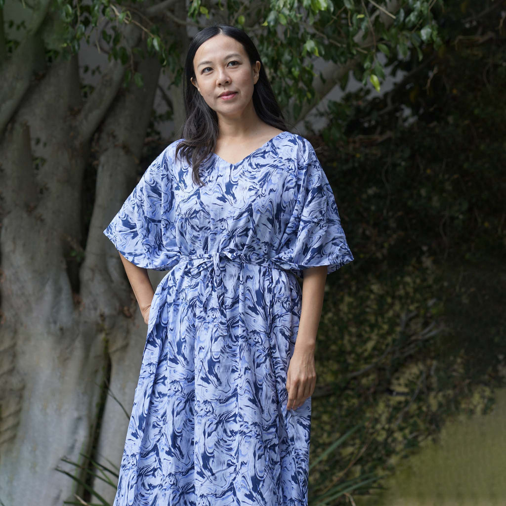 Kaftan Dress Rayon Blue Marble Lightweight