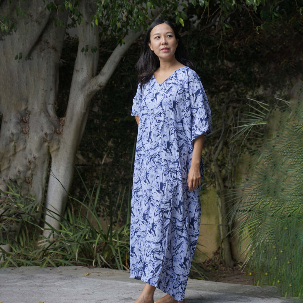 Kaftan Dress Rayon Blue Marble Lightweight