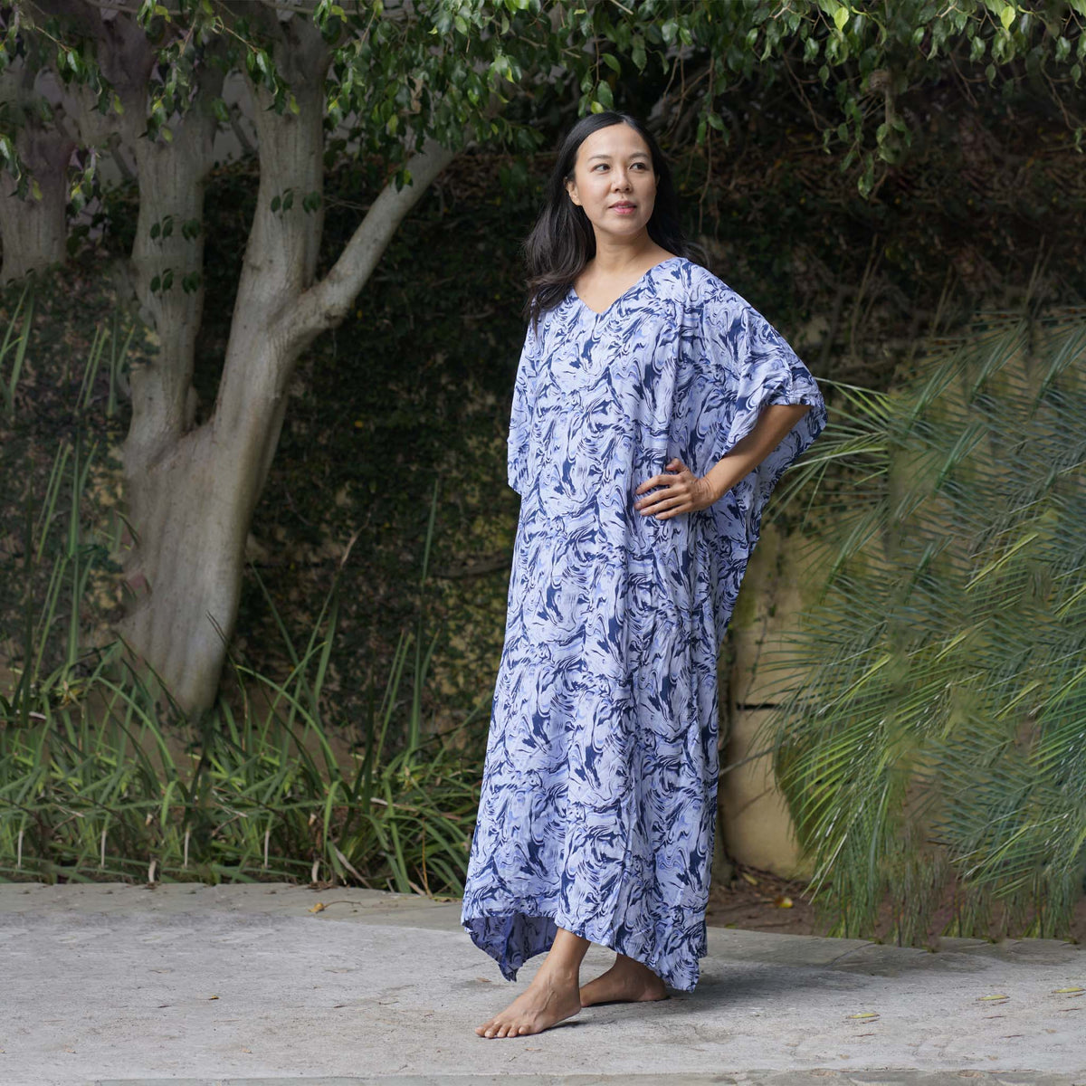 Kaftan Dress Rayon Blue Marble Lightweight