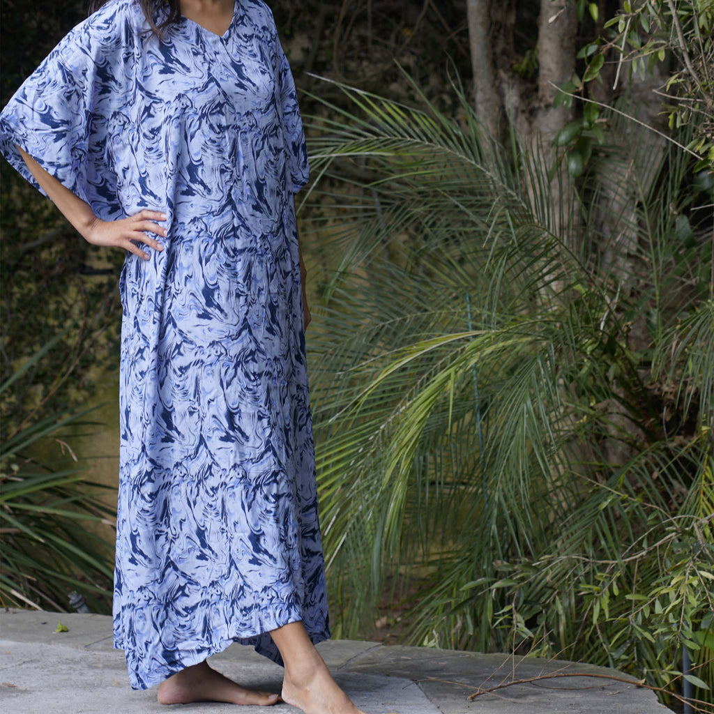 Kaftan Dress Rayon Blue Marble Lightweight