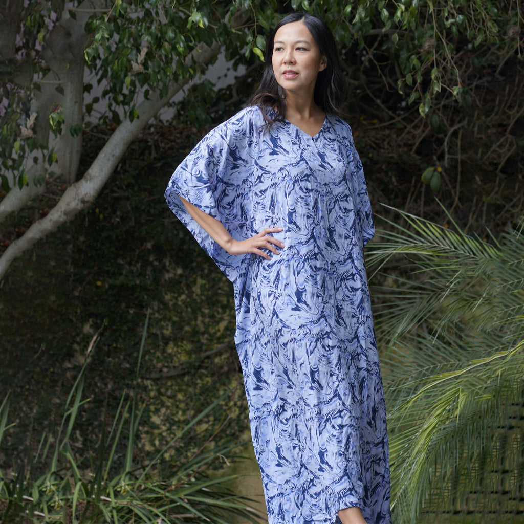 Kaftan Dress Rayon Blue Marble Lightweight