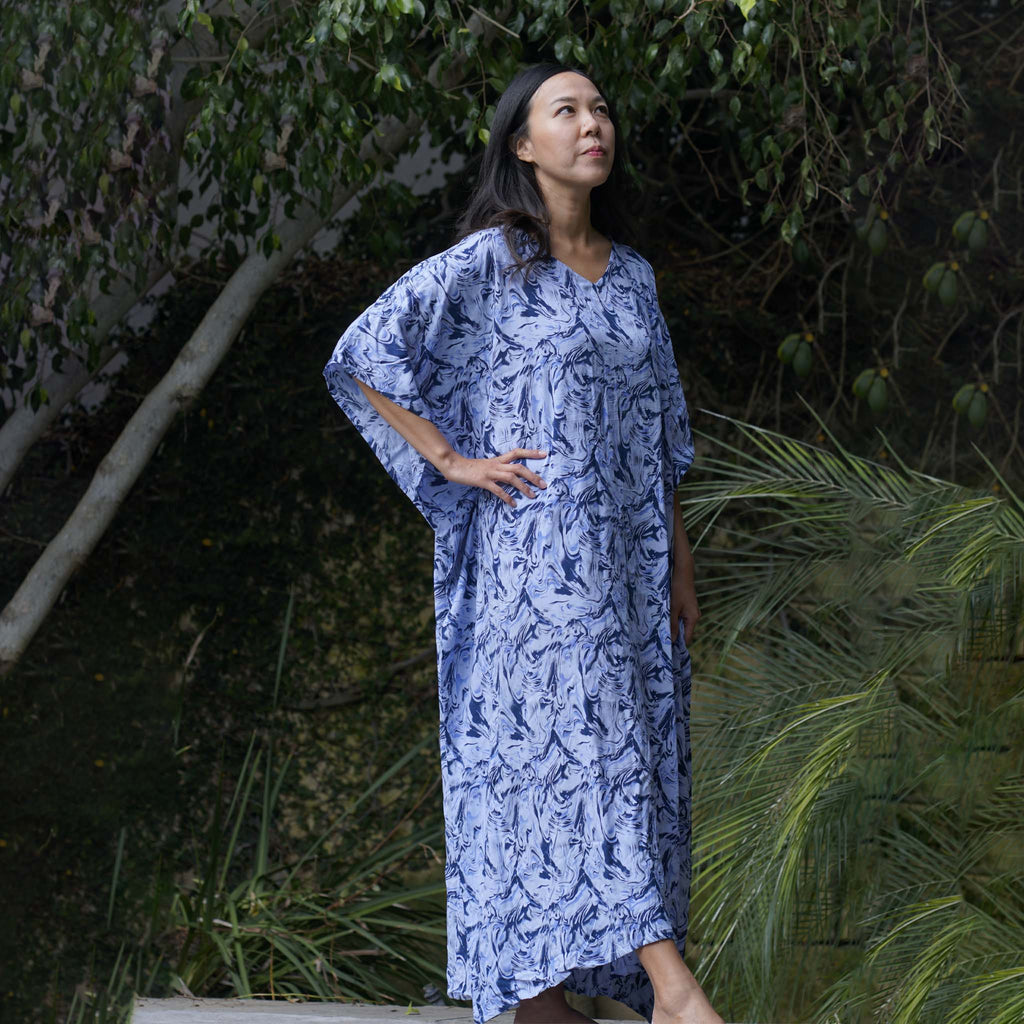 Kaftan Dress Rayon Blue Marble Lightweight