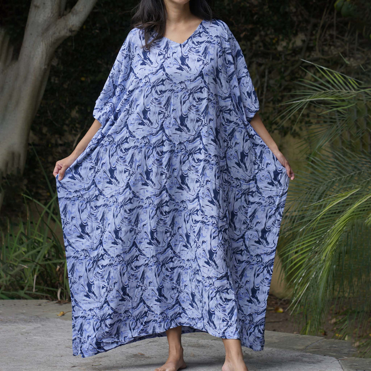 Kaftan Dress Rayon Blue Marble Lightweight