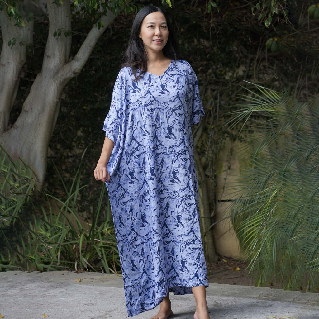 Kaftan Dress Rayon Blue Marble Lightweight