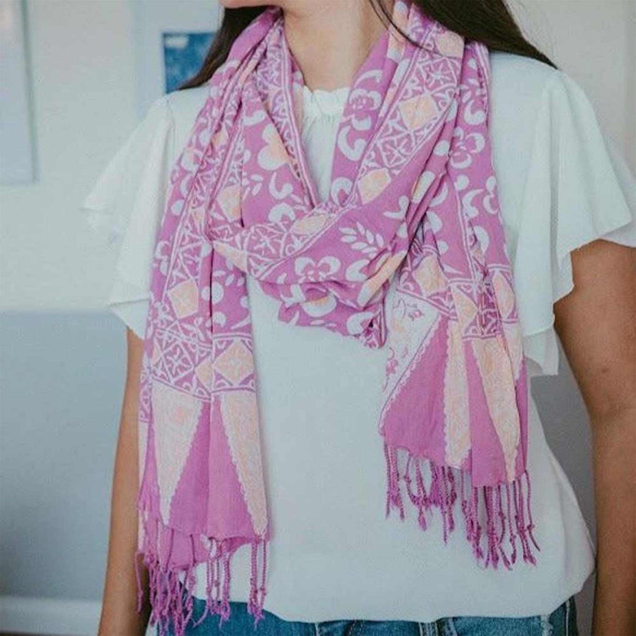 Handmade Batik Scarf, Cotton, Plumeria, Pink, Purple, Peach
