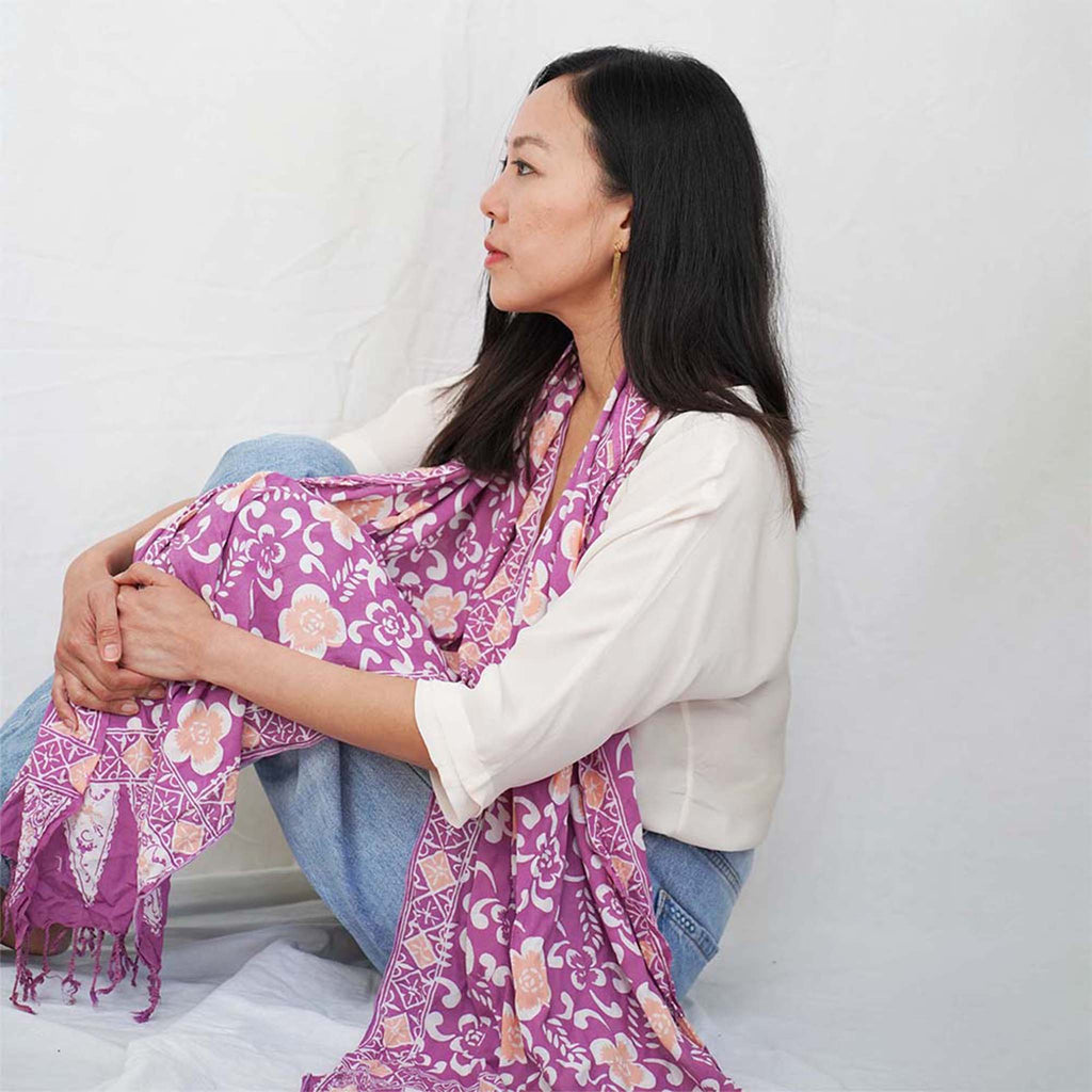 Handmade Batik Scarf, Cotton, Plumeria, Pink, Purple, Peach