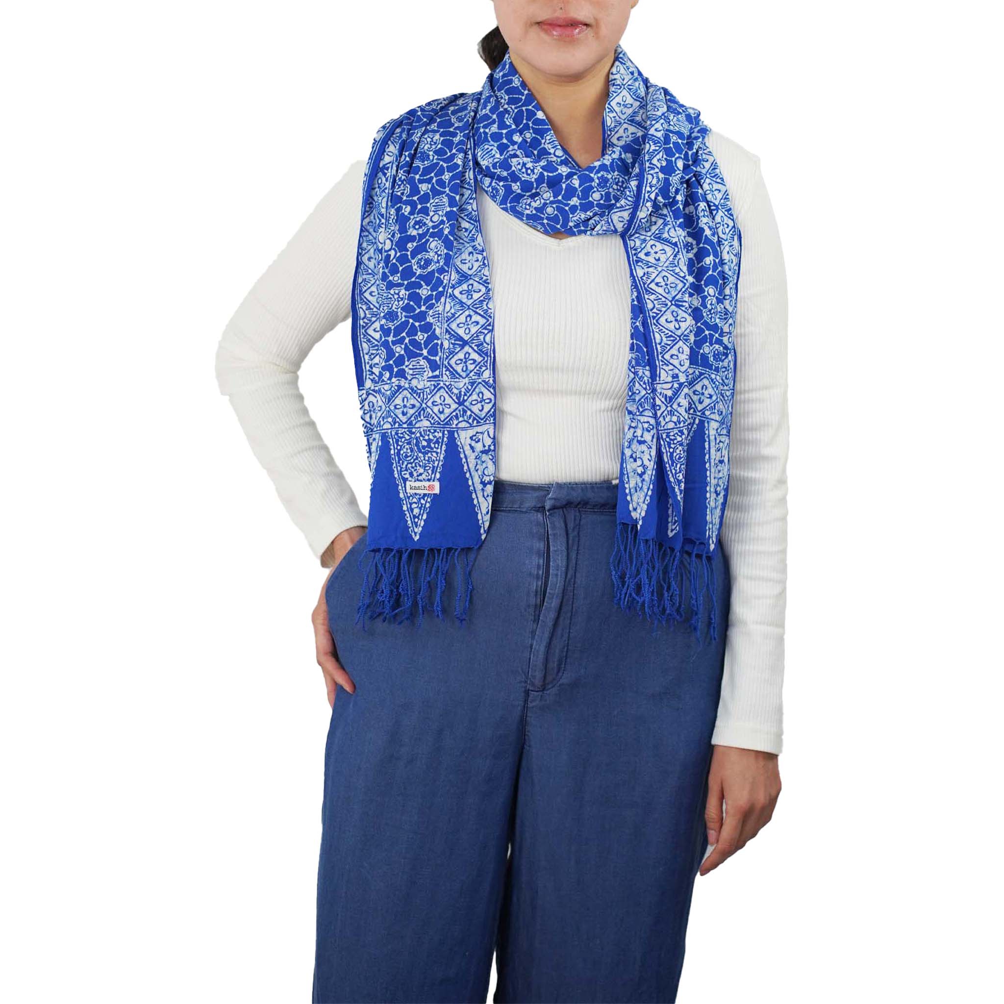 Handmade Batik Scarf, soft Cotton, Boulder, Blue, Light Blue, White