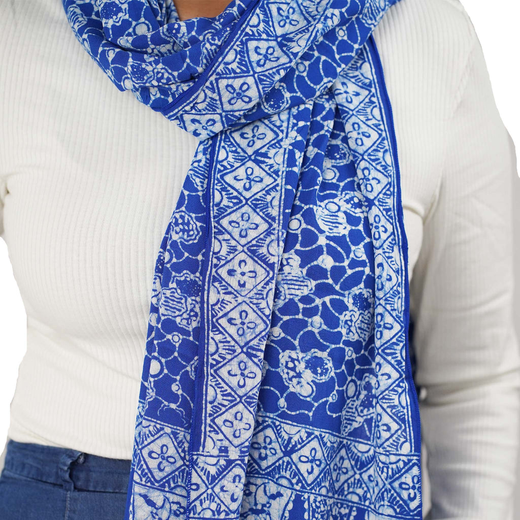 Handmade Batik Scarf, soft Cotton, Boulder, Blue, Light Blue, White