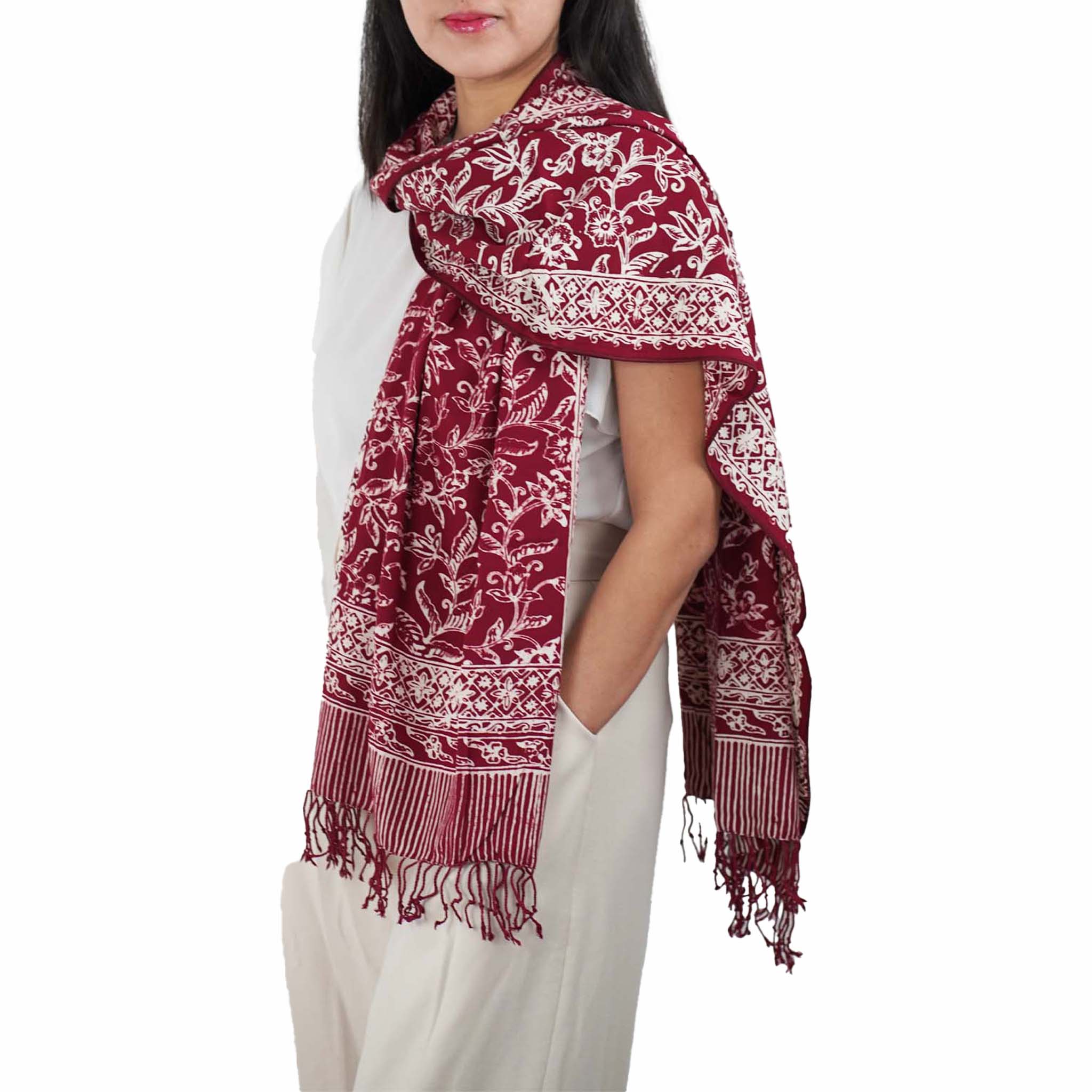 Handmade Batik Scarf, soft Cotton, Red White Cherish, Burgundy