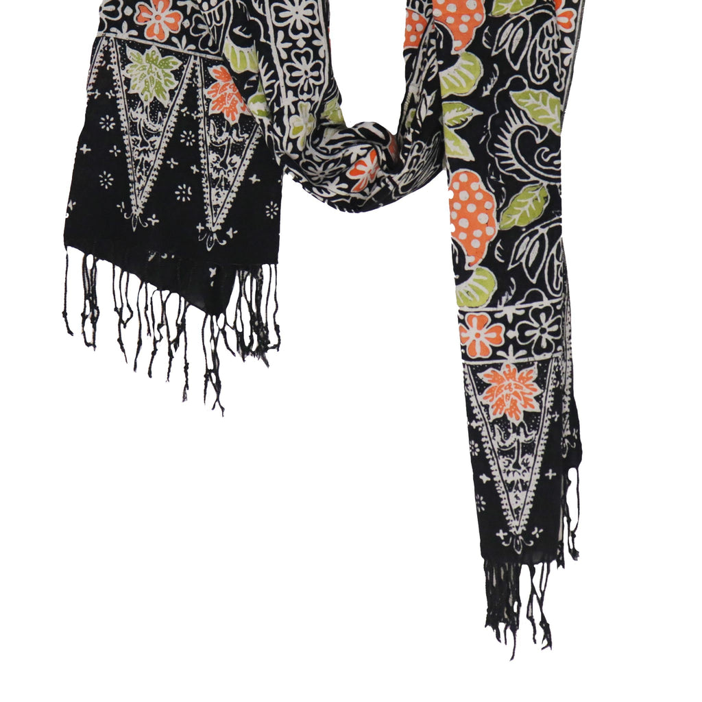 Handmade Batik Scarf Black, Orange, Green, Berries 100% Soft Cotton Dusk Petal