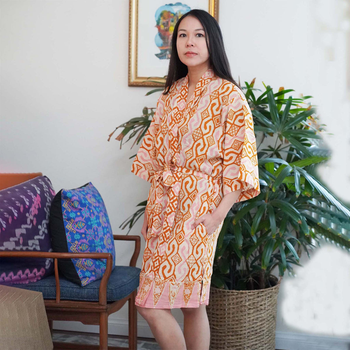 Hand Dyed Batik Robe Kimono, 100% Cotton Soft, Orange Pink Sunset Mosaic, Clementine