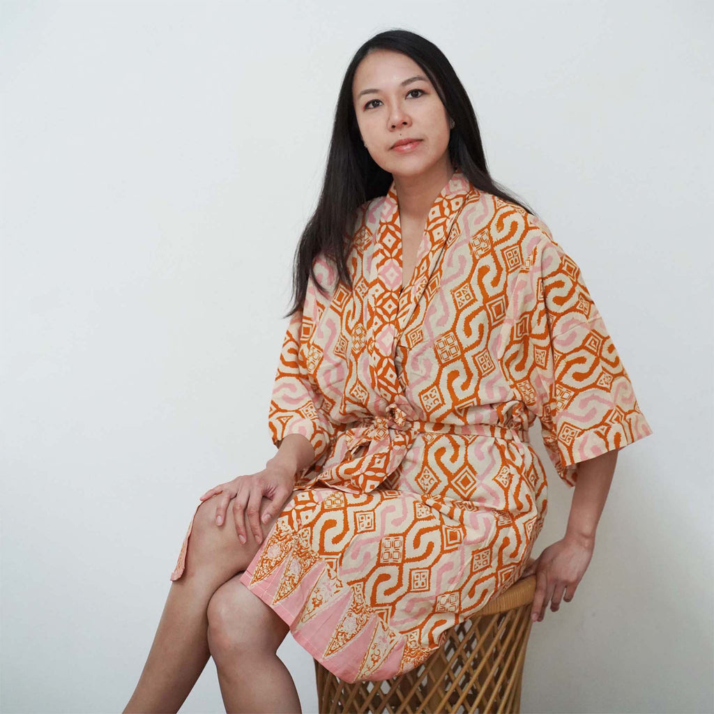 Hand Dyed Batik Robe Kimono, 100% Cotton Soft, Orange Pink Sunset Mosaic, Clementine