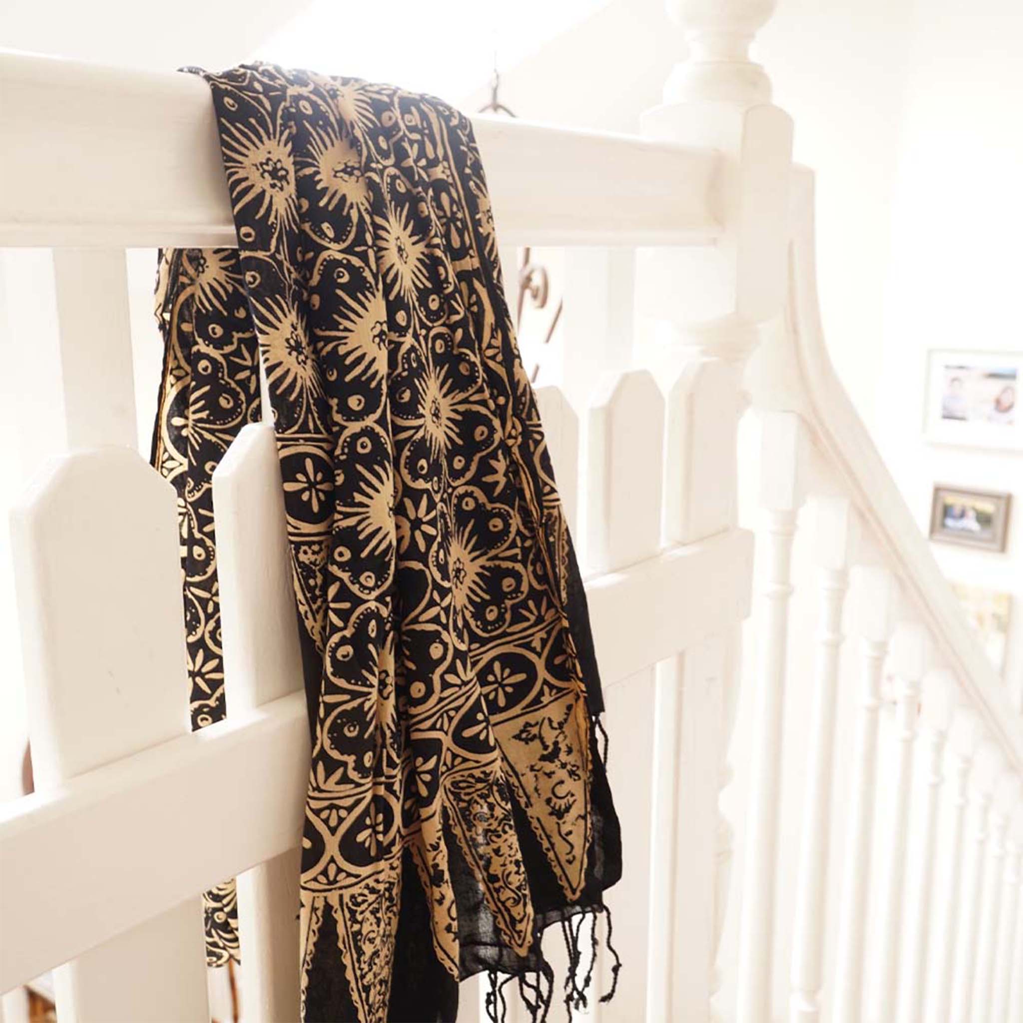 Handmade Batik Scarf, Black Brown Harvest, Hand Dyed, 100% Cotton