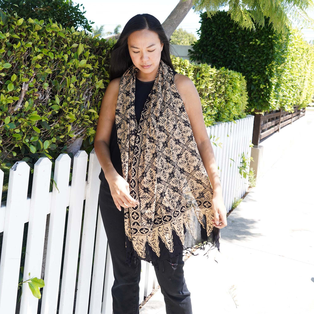 Handmade Batik Scarf, Black Brown Harvest, Hand Dyed, 100% Cotton