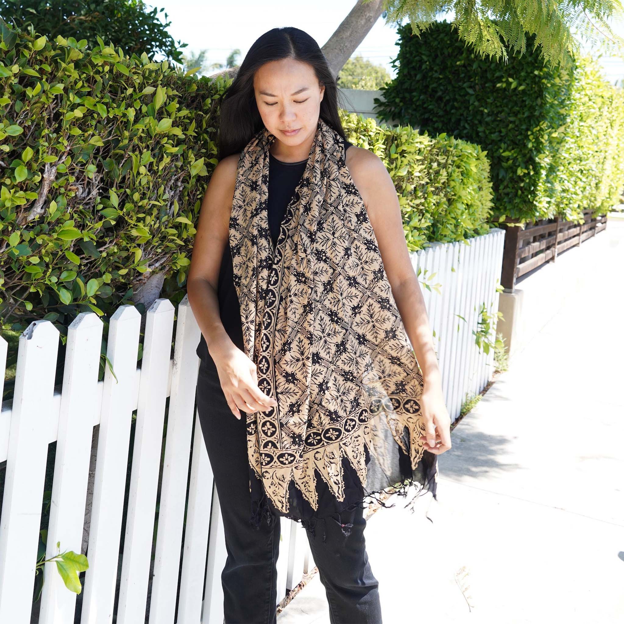 Handmade Batik Scarf, Black Brown Harvest, Hand Dyed, 100% Cotton