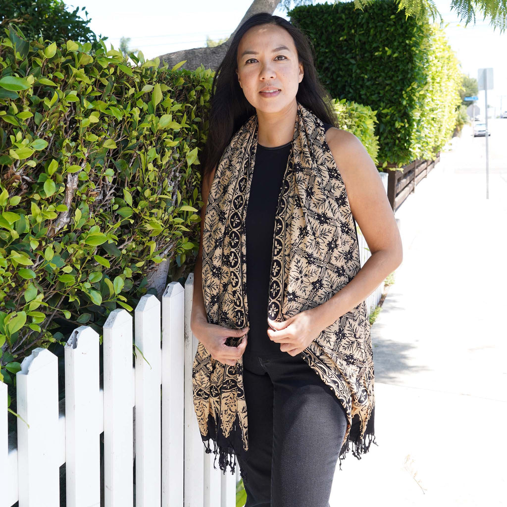 Handmade Batik Scarf, Black Brown Harvest, Hand Dyed, 100% Cotton