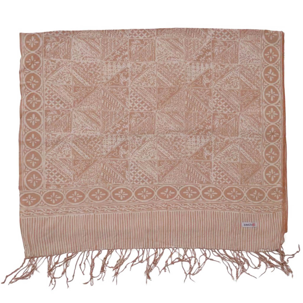 Handmade Batik Scarf - soft Cotton - Apricot Grid, Peach, Coral