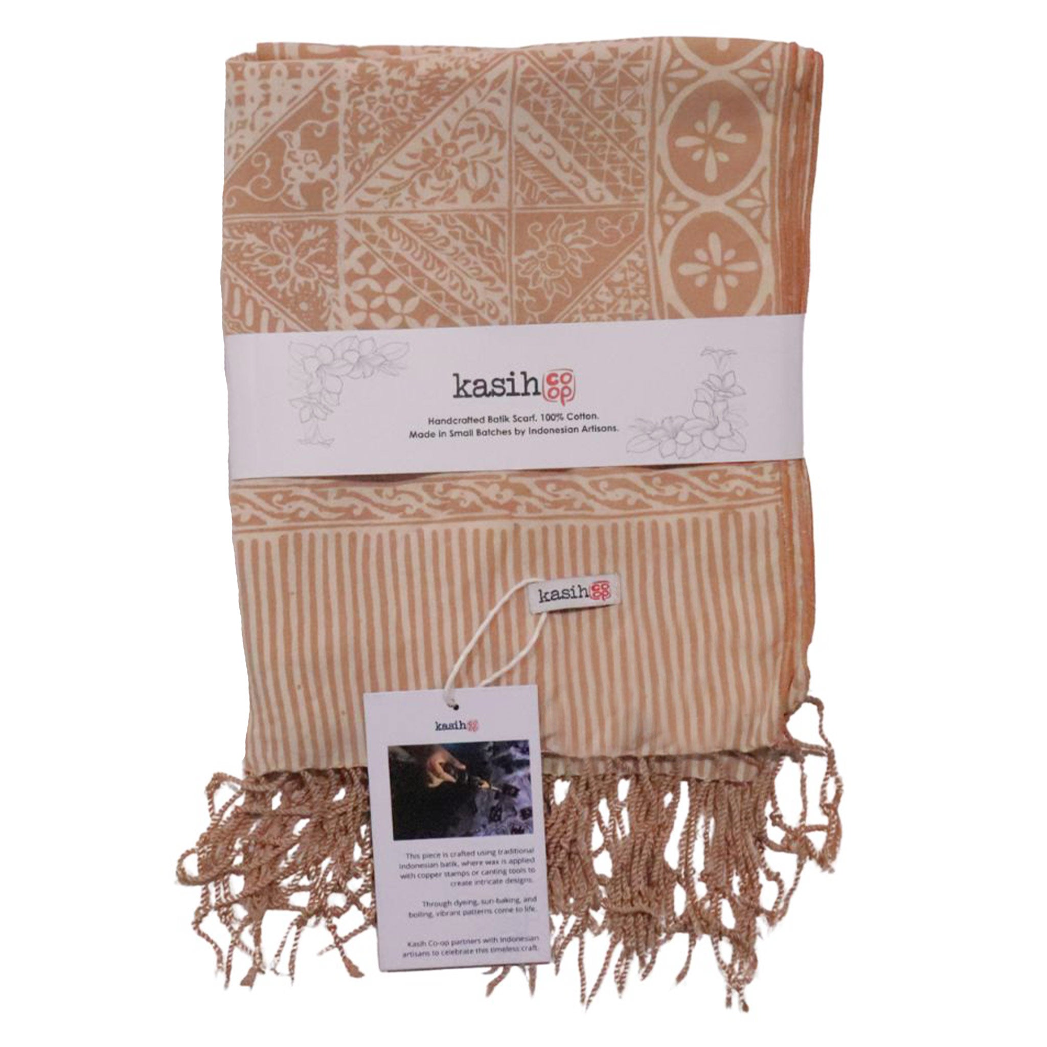 Handmade Batik Scarf - soft Cotton - Apricot Grid, Peach, Coral