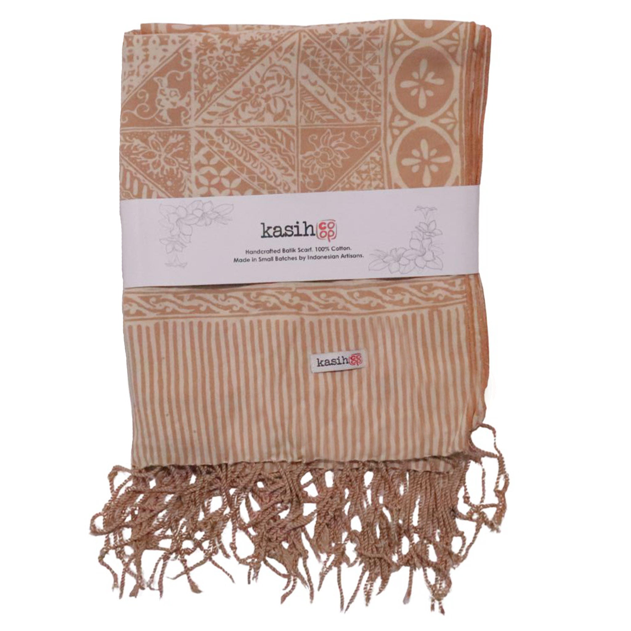 Handmade Batik Scarf - soft Cotton - Apricot Grid, Peach, Coral