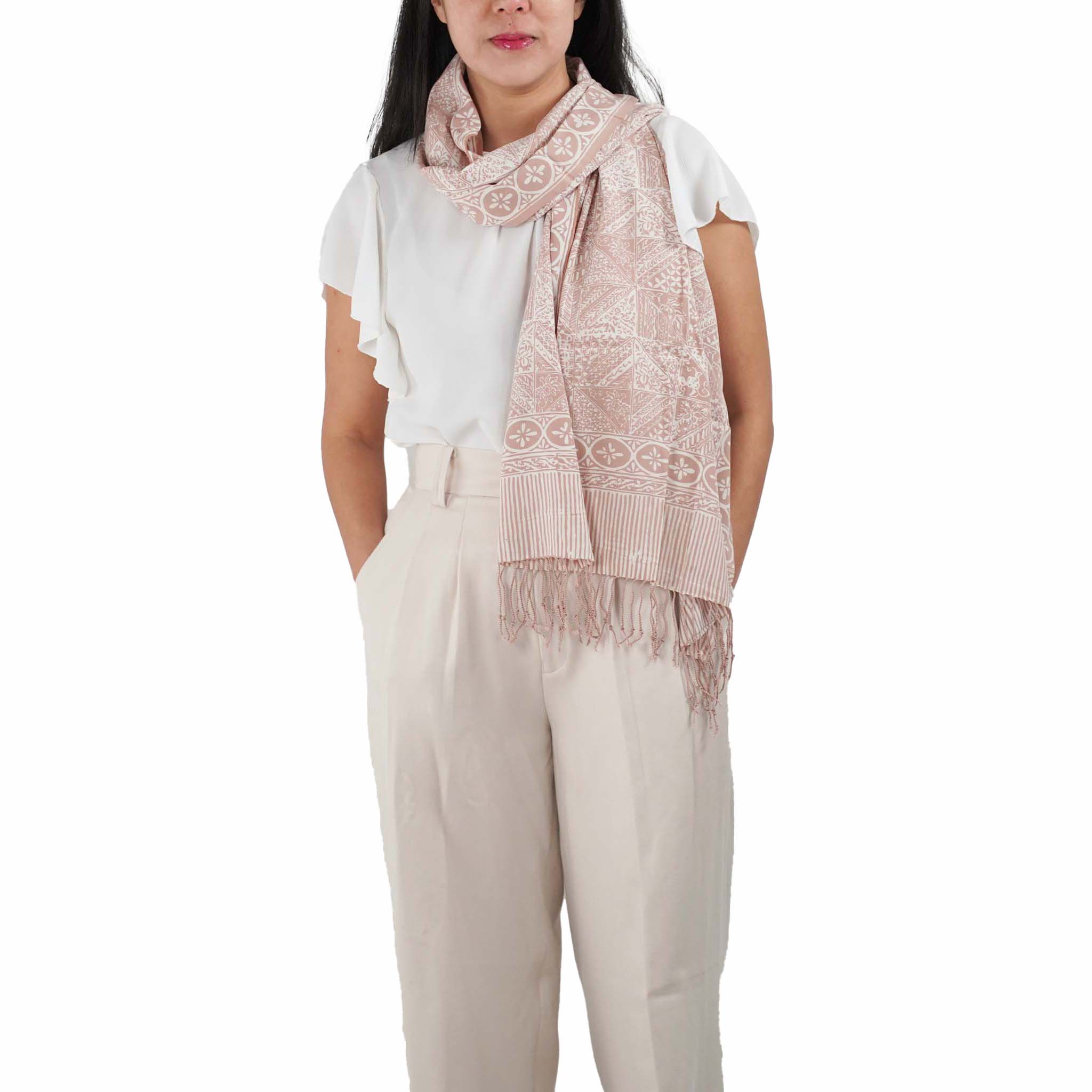 Handmade Batik Scarf - soft Cotton - Apricot Grid, Peach, Coral