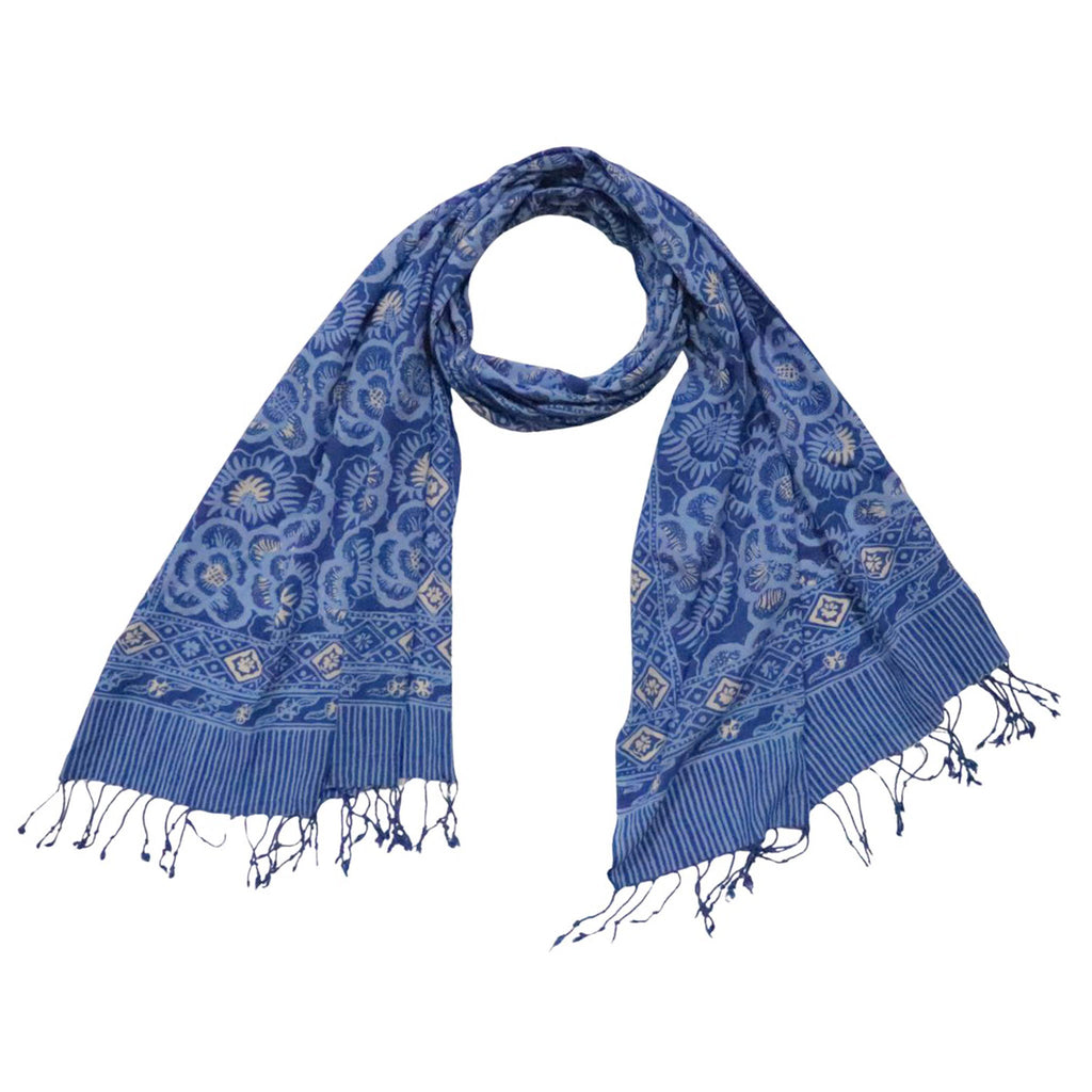 Hand Dyed Batik Scarf - Soft Cotton, Blue Roses, White, Floral, Flower