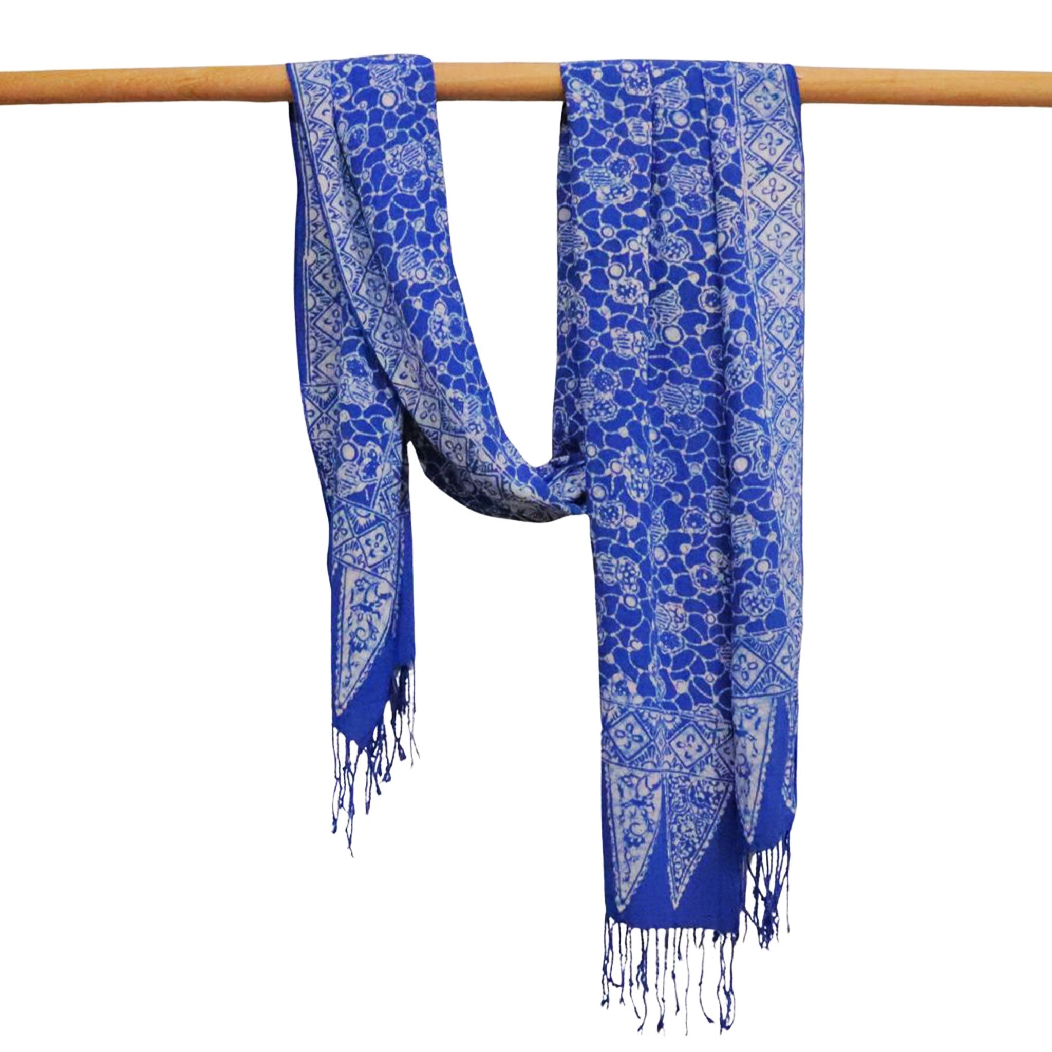Handmade Batik Scarf, soft Cotton, Boulder, Blue, Light Blue, White