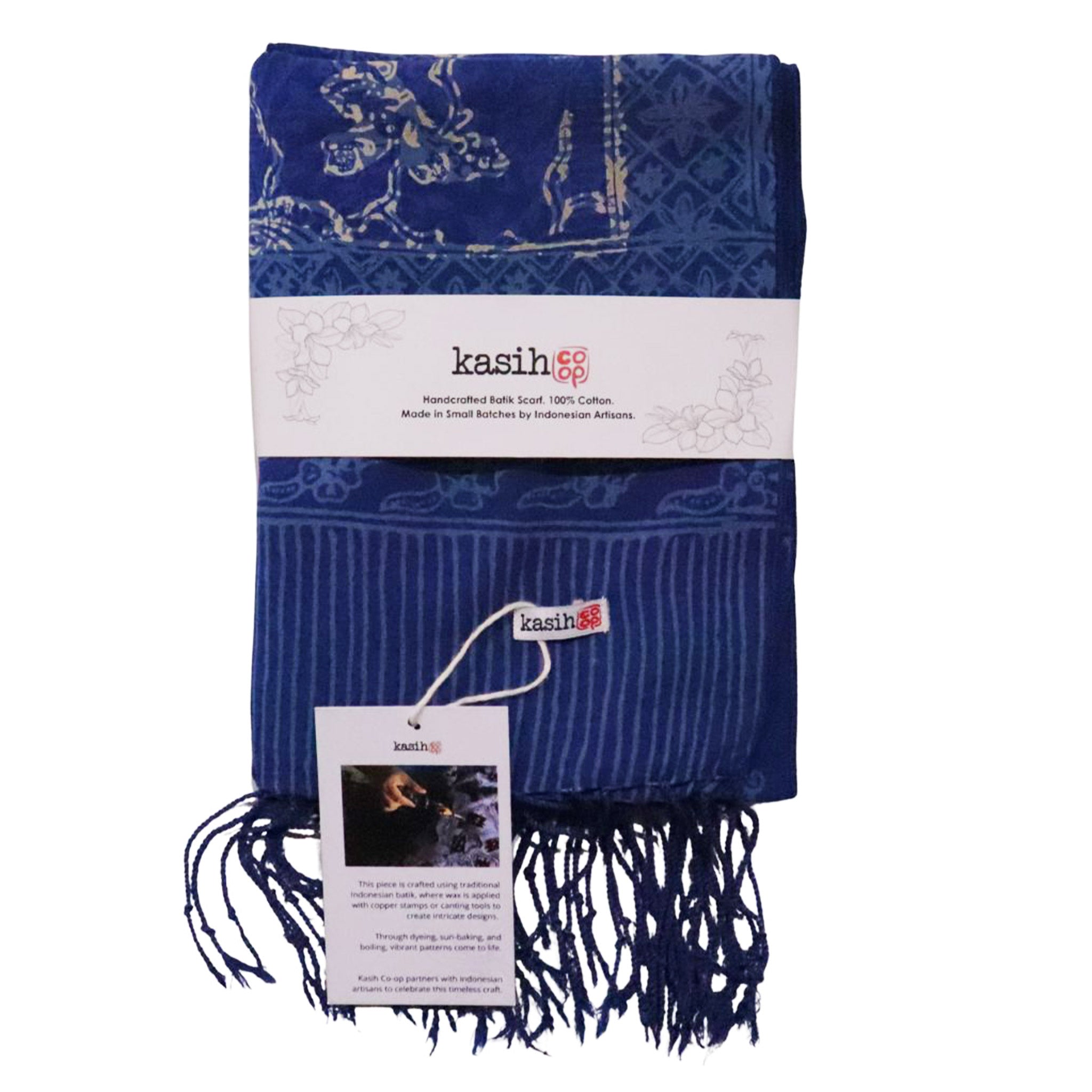 Handmade Batik Scarf, Blue White, Cotton Fabric, Butterfly