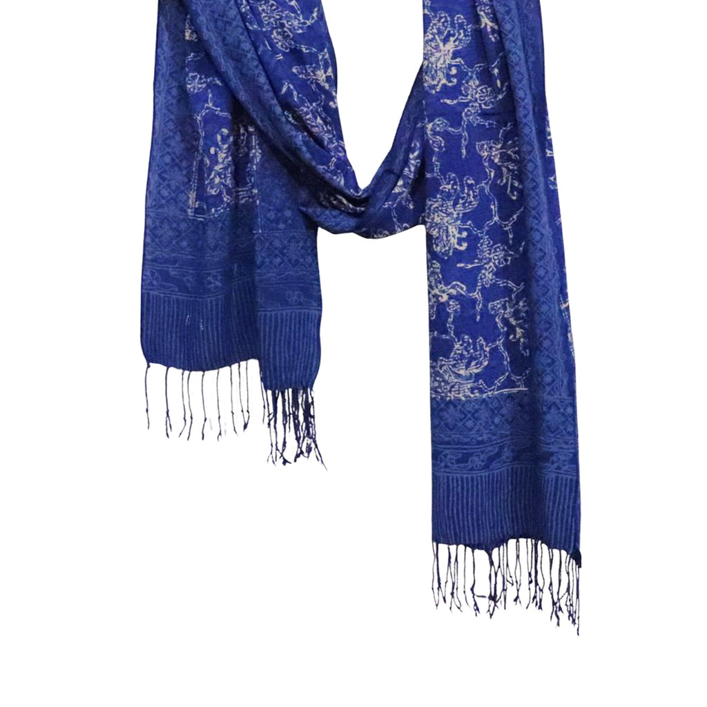 Handmade Batik Scarf, Blue White, Cotton Fabric, Butterfly
