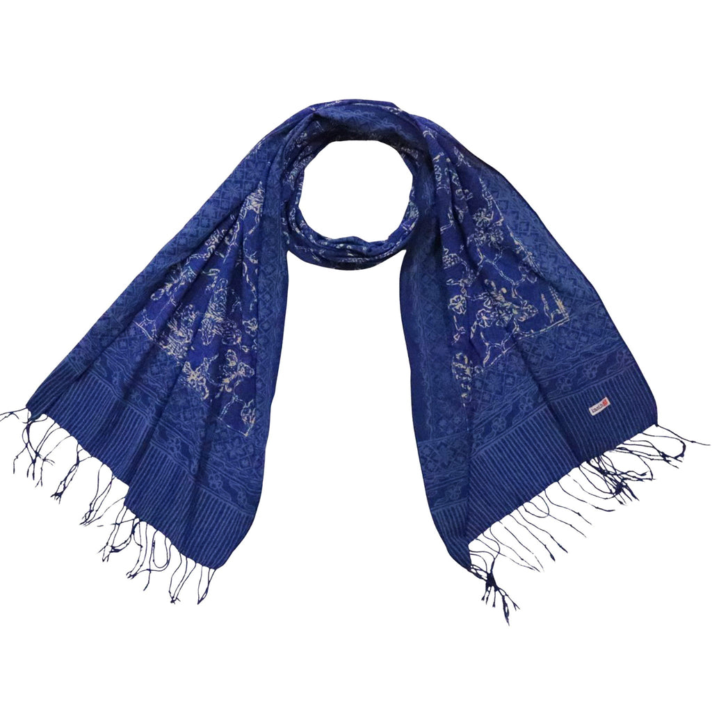 Handmade Batik Scarf, Blue White, Cotton Fabric, Butterfly