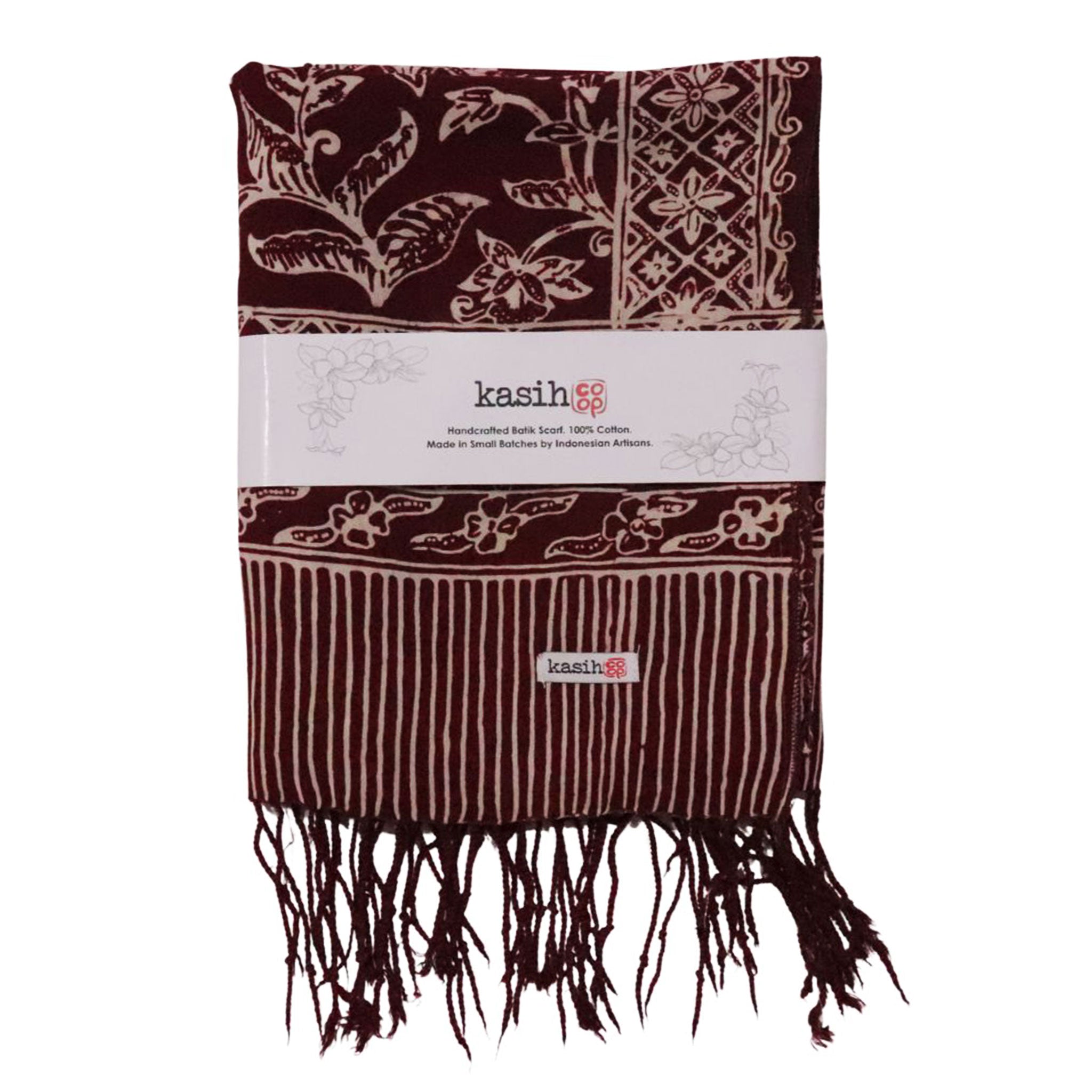 Handmade Batik Scarf, soft Cotton, Red White Cherish, Burgundy