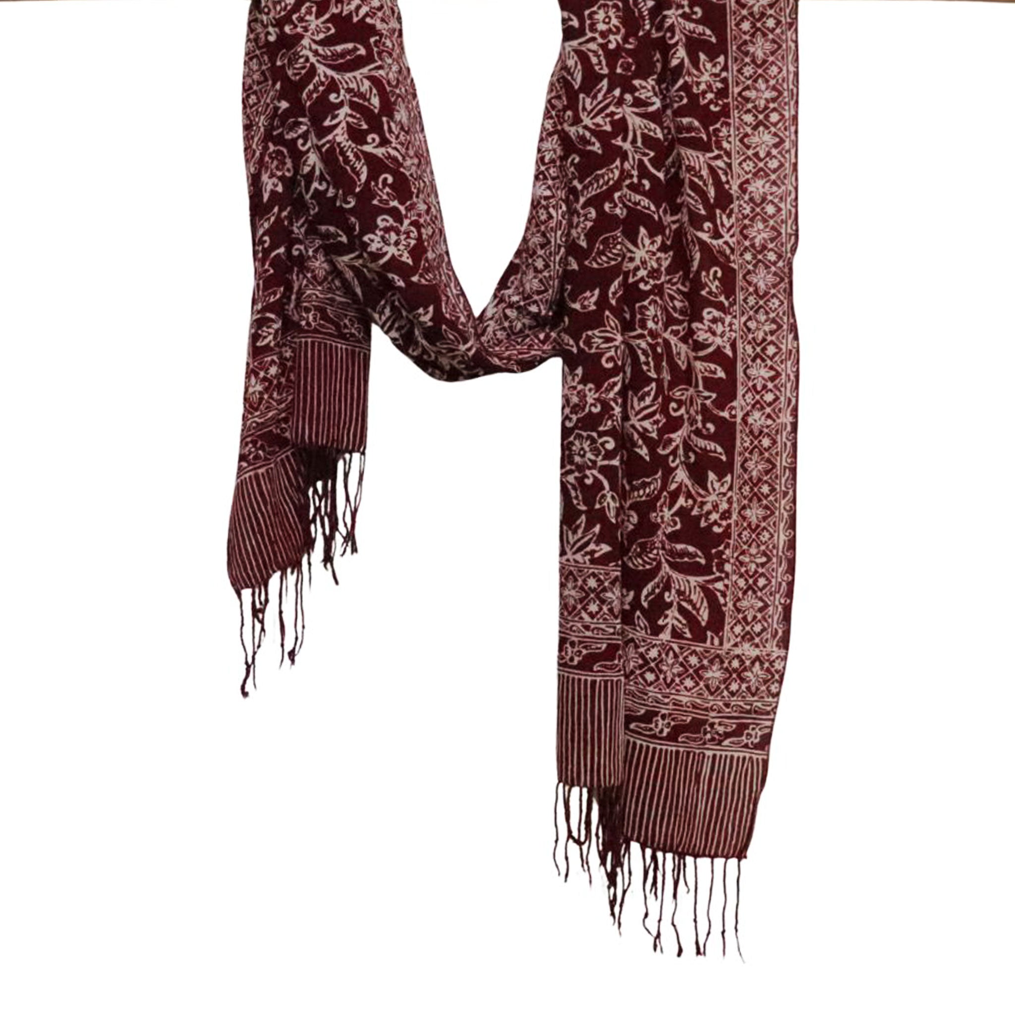 Handmade Batik Scarf, soft Cotton, Red White Cherish, Burgundy