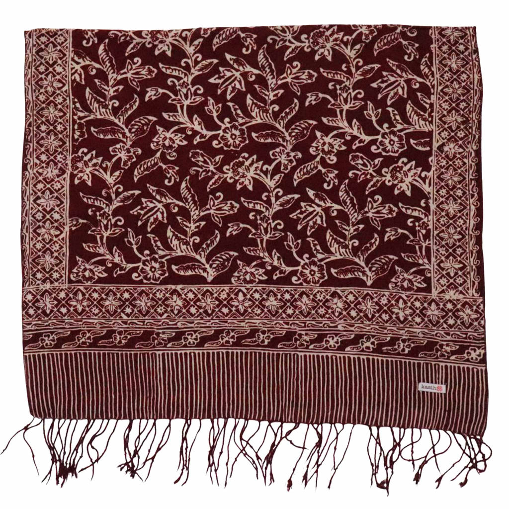 Handmade Batik Scarf, soft Cotton, Red White Cherish, Burgundy