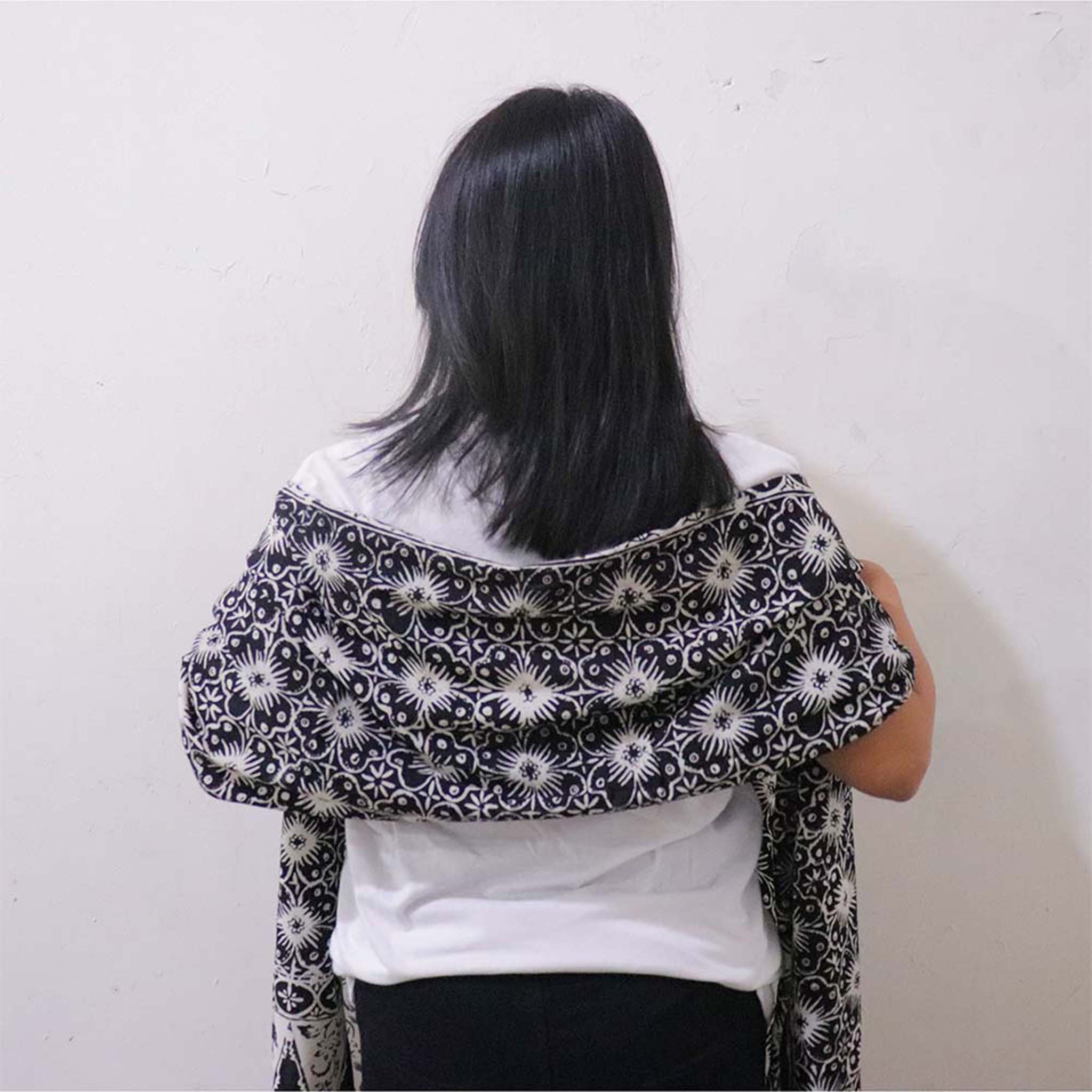 Handmade Batik Scarf - Cotton - Hibiscus Flower, Black, White