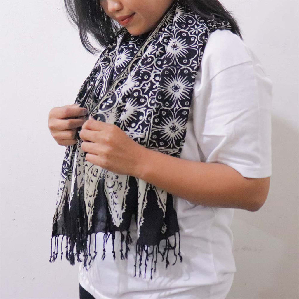 Handmade Batik Scarf - Cotton - Hibiscus Flower, Black, White