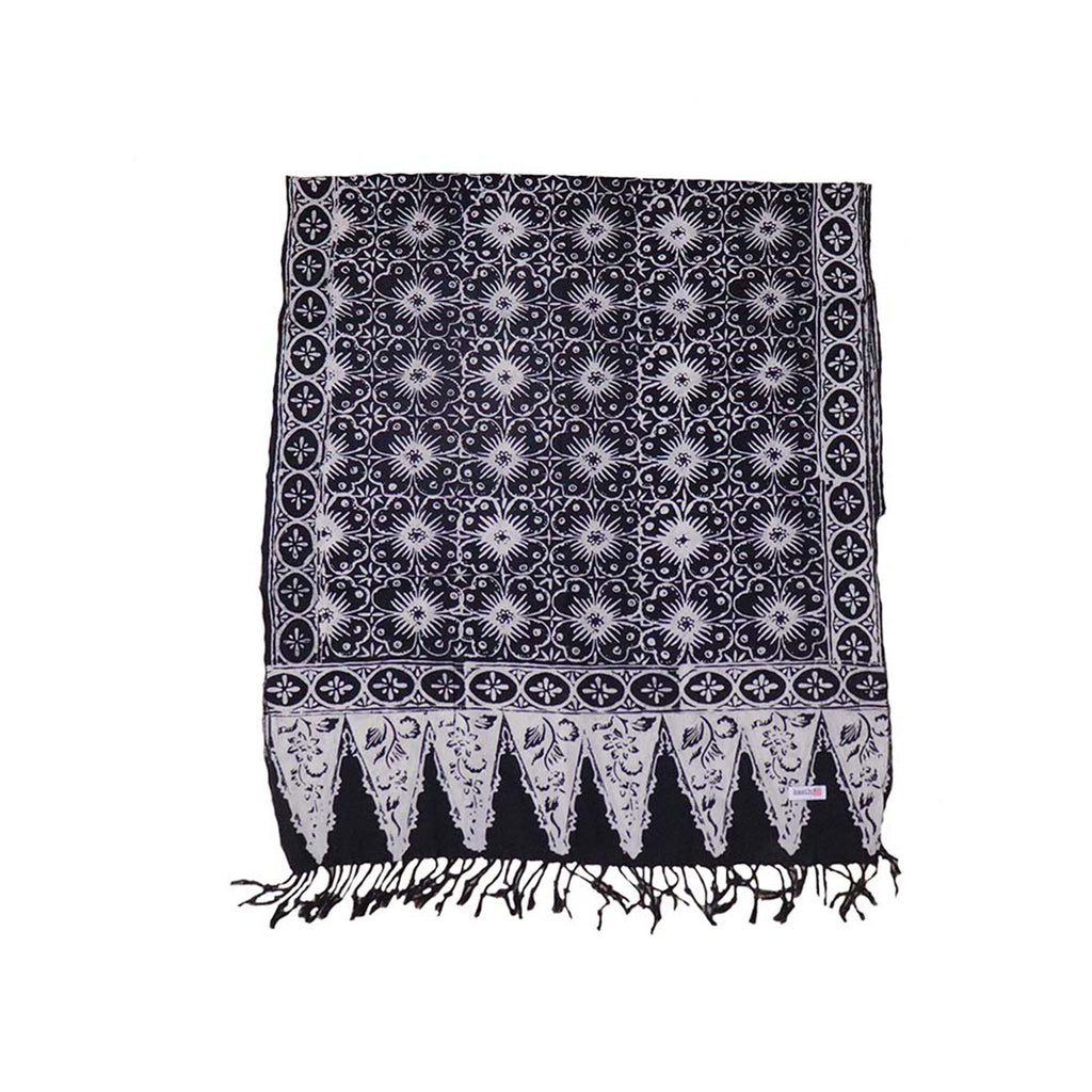 Handmade Batik Scarf - Cotton - Hibiscus Flower, Black, White