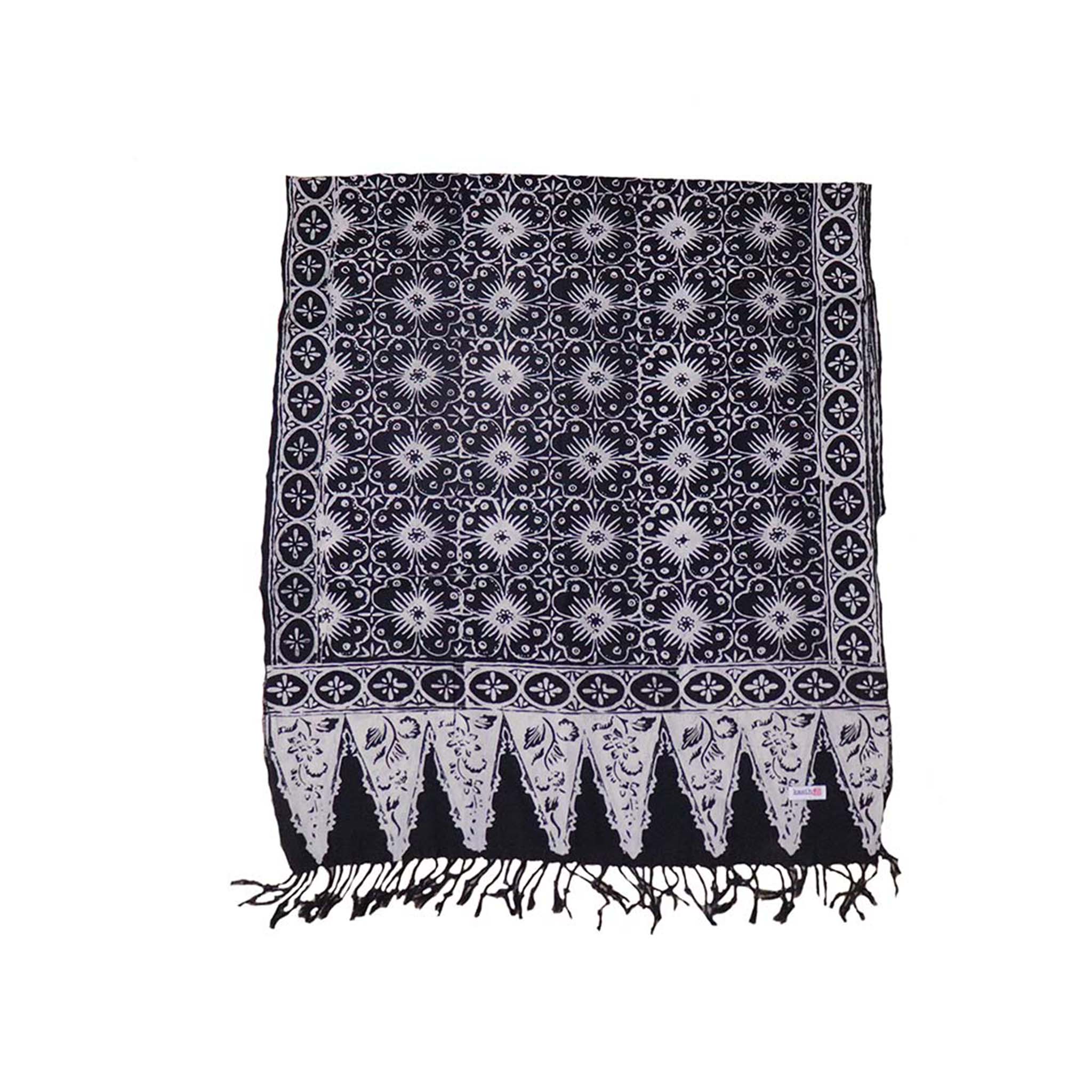 Handmade Batik Scarf - Cotton - Hibiscus Flower, Black, White